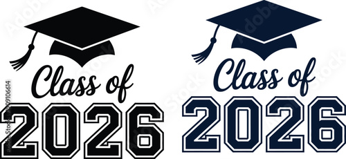 Class of 2026 Graduation Emblem Set Featuring Mortarboard Caps and Varsity Typography in Black and Navy Blue for Senior Year and Commencement Design