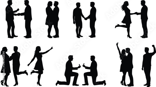 Romantic couple silhouette vector, love proposal moment, happy relationship scene, same-sex and heterosexual couples, engagement, dance, dating illustration