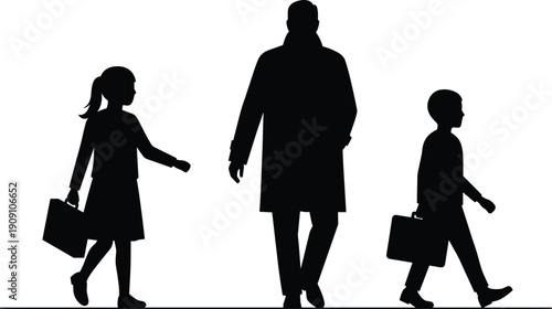 Silhouette of man and children walking together, carrying briefcases, family teamwork, business concept, cooperation, unity, fatherhood, parenting, success, education
