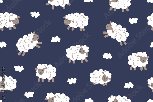 Seamless pattern of sheep on a dark background. Farm animals. Vector hand drawn childish banner.