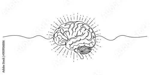 Continuous one line of a brain with expanding light rays, representing cognitive innovation, drawn illustration.