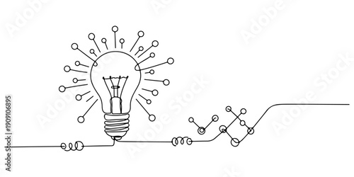 Continuous one line of a lightbulb connected to a network of circuits, representing technological innovation, drawn illustration.