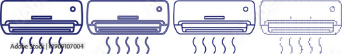 Air conditioner icon with cool air blowing shown in four distinct styles on a checkerboard background of white and gray