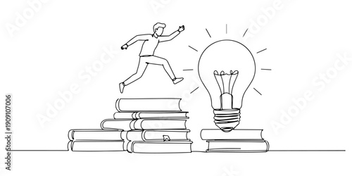 Continuous one line of a person jumping from a stack of books onto a glowing lightbulb, symbolizing knowledge-driven innovation, drawn illustration.