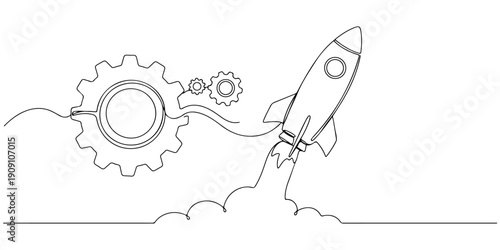 Continuous one line of a gear transforming into a rocket, symbolizing industrial innovation, drawn illustration.