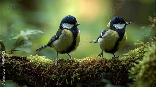 Two blue tits perched on mossy branch in forest