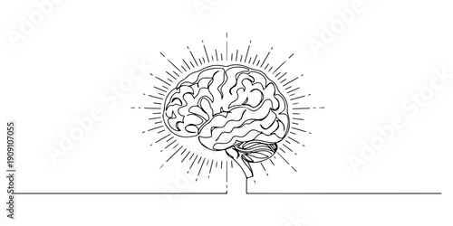 Continuous one line of a brain with expanding light rays, representing cognitive innovation, drawn illustration.