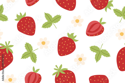 Strawberry seamless pattern. Berries isolated on white background. Vector flat template.