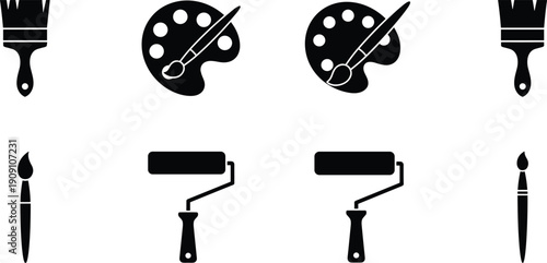 Painting tool icons, black silhouette vector, paint brush, color palette, roller brush, art design elements, isolated symbols, creative drawing