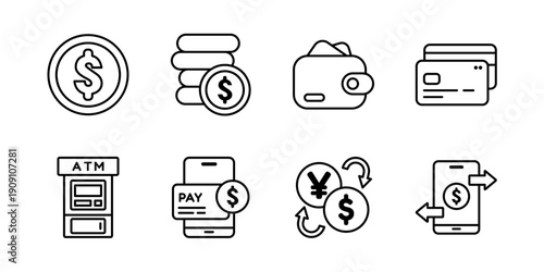 Financial Payment Outline Icon Set. Minimal banking currency exchange graphics. Business transaction collection