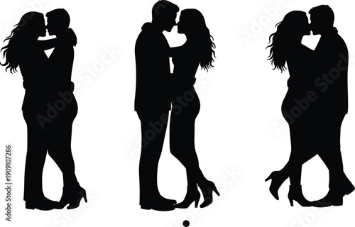 Romantic couple silhouette, man and woman kissing, love illustration, passionate moment, couple embrace vector, intimacy, relationship, affection, romance scene