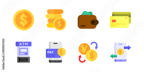 Payment and Banking Color Icons Pack. Money transfer wallet credit card illustration set. Office finance graphics
