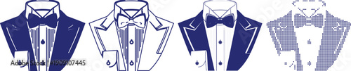 Stylish tuxedo jacket art with bow tie in various forms including solid fill, outline, and halftone pattern