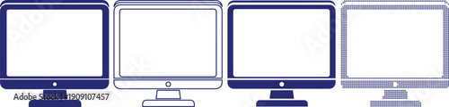 Computer monitor screen icon set in various styles including solid outline and halftone pixelated digital display