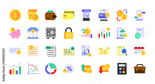 Corporate Finance Color Icon Collection. Money banking analytics report symbols. Modern office illustration set