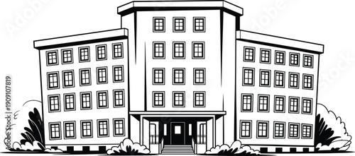 School building line art illustration featuring educational campus architecture facade exterior vector design isolated academic institution learning environment concept