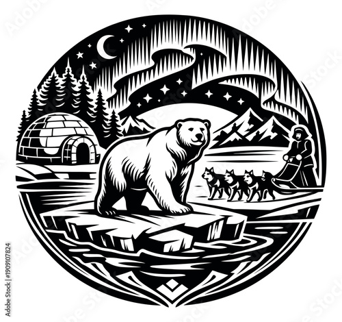 Intricate line art illustration of an Arctic wilderness scene depicting a polar bear, an igloo, and a dog sled team for winter travel and nature concepts