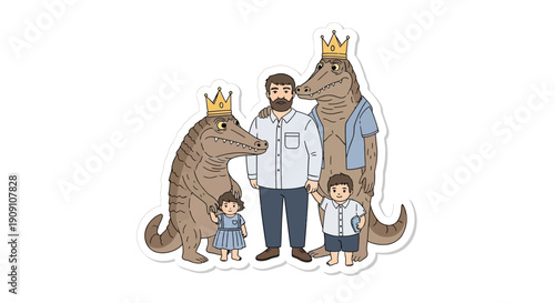Whimsical Family Portrait Humans and Dinosaur Companions Wearing Crowns