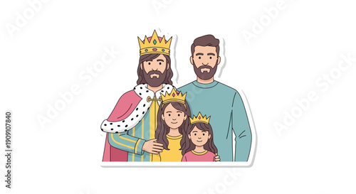 Diverse family portrait of a gay couple with two daughters wearing crowns