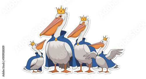 Royal Family of Pelicans Wearing Crowns and Blue Capes on a White Background