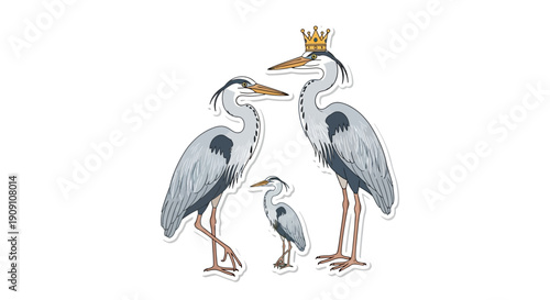 Family of herons with a king crown on the biggest bird illustration