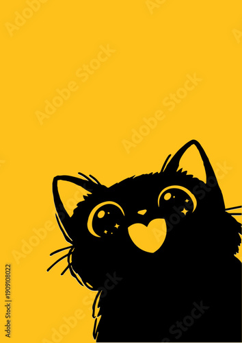 Cute black cat cartoon illustration with yellow background