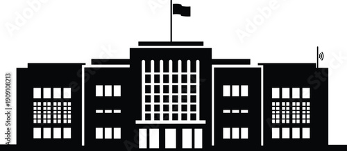 Silhouette of modern educational institution, government building, or school icon with antenna and flag, minimal vector architecture illustration, black and white