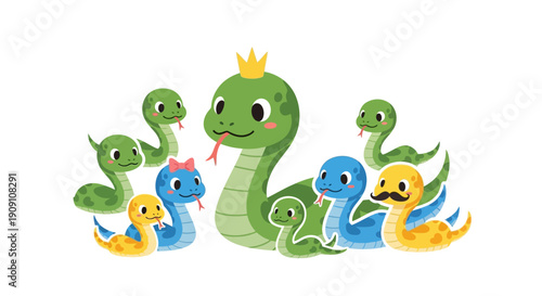 A Cartoon King Snake Surrounded by Its Many Colorful and Playful Baby Snakes