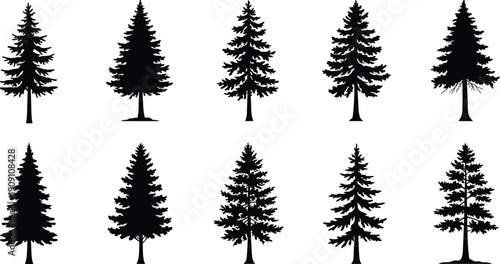 Pine tree silhouettes, black forest icons, evergreen tree collection, nature clipart set, woodland elements, fir tree graphics, isolated vector trees