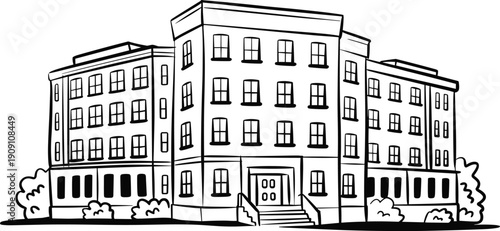 School building outline illustration featuring academic campus architecture exterior facade vector design isolated educational institution learning environment urban concept