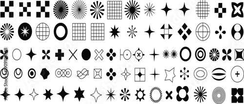 Abstract Geometric Icons Mega Collection, Black Minimal Shapes, Stars, Grids and Optical Symbols for Modern Graphic Design Vector Set