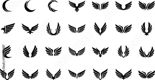 Abstract Wing and Crescent Moon Logo Set, Black Eagle, Angel and Heraldic Silhouette Icons for Emblem, Tattoo and Branding Design