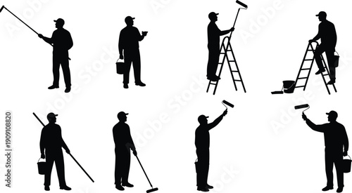 Painter silhouettes with roller brush, ladder work, painting tools, wall renovation, home improvement, professional decorator, vector black illustration, maintenance workers