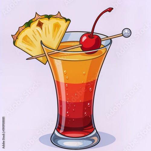 Layered tropical drink with pineapple and cherry garnish