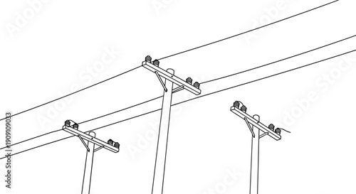 Multiple utility poles with electric wires, CAD vector line drawing, power transmission structure, minimal black outline, flat energy cable sketch