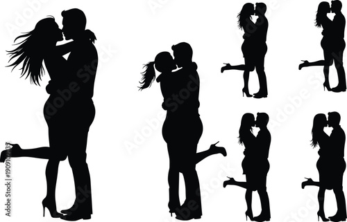 Romantic couple silhouette, kissing and hugging, love pose, emotional connection, passion illustration, dating vector, valentine romance, couple affection art