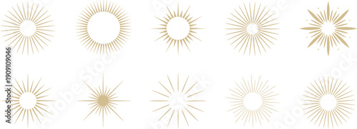 Golden Sunburst Icon Collection, Elegant Radiant Star and Light Ray Symbols for Luxury Logo, Wedding Invitation and Decorative Design