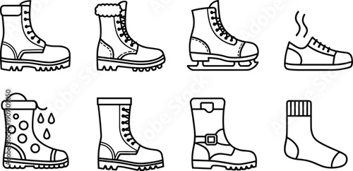 Winter footwear icons collection with boots skates slippers socks warm seasonal shoes line art illustration set isolated style