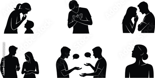 A collection of black silhouettes showing various interpersonal relationships and communication dynamics