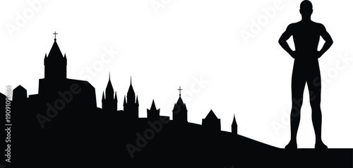 A strong silhouette of a muscular man standing confidently beside a town skyline with historic buildings and churches