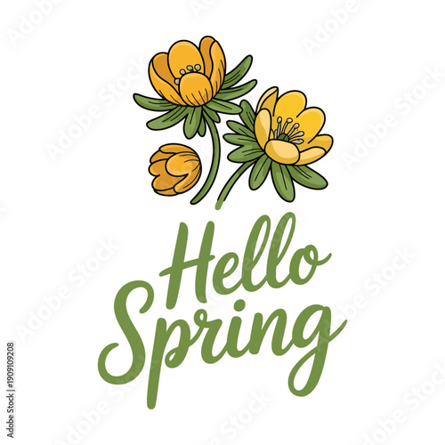 A colorful illustration of yellow flowers and the words Hello Spring