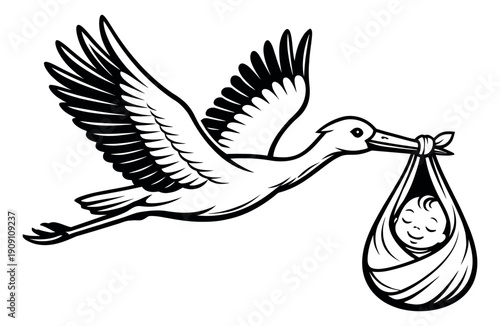 Line art illustration of a stork depicting a baby delivery for new arrival announcements
