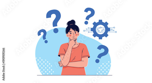 Woman thinking deeply about a complex technical problem surrounded by many floating blue question marks