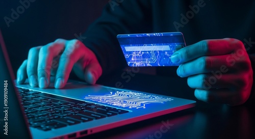 Person using laptop with credit card online shopping.