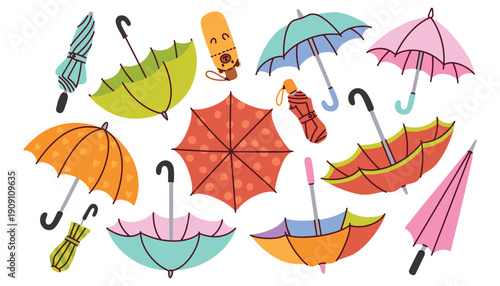 Set of thirteen 13 hand drawn umbrella stickers in various bright colors. Includes open and closed versions ideal for scrapbooking, seasonal weather tracking, and digital art.
