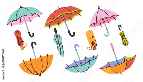 Multi-purpose set of ten umbrellas including open long-handled types and small closed ones. Useful for planning, seasonal decor, and weather-related visual storytelling.
