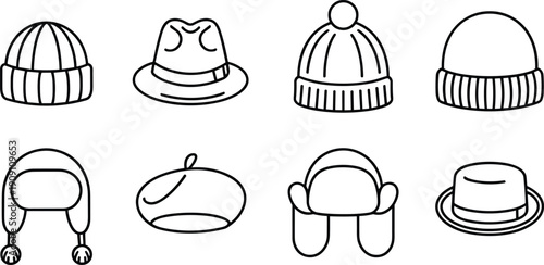 Winter hats icons collection with beanie beret ushanka fedora knitted caps cold weather headwear line art illustration set