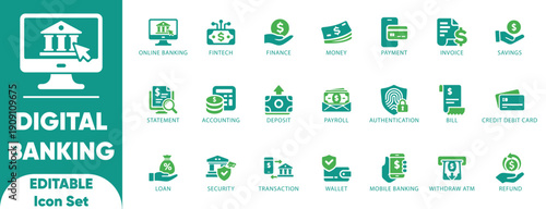 Digital banking editable solid icon set.fintech, security,dashboards,app UI,transfer,and vector.