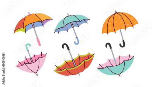 Clean set of six open umbrellas featuring long handles. Vibrant colors make them perfect for weather apps, seasonal children books, and modern graphic design layouts.