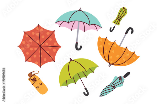 Graphic set of seven open umbrellas with distinct handles. Versatile elements for weather forecasts, seasonal infographics, and creative children projects.